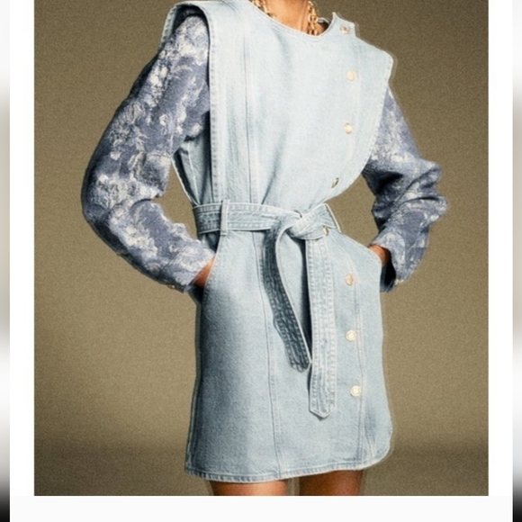 Zara Blue women's Made In Turkey 100% cotton Denim Mini Dress Size M - Picture 3 of 10